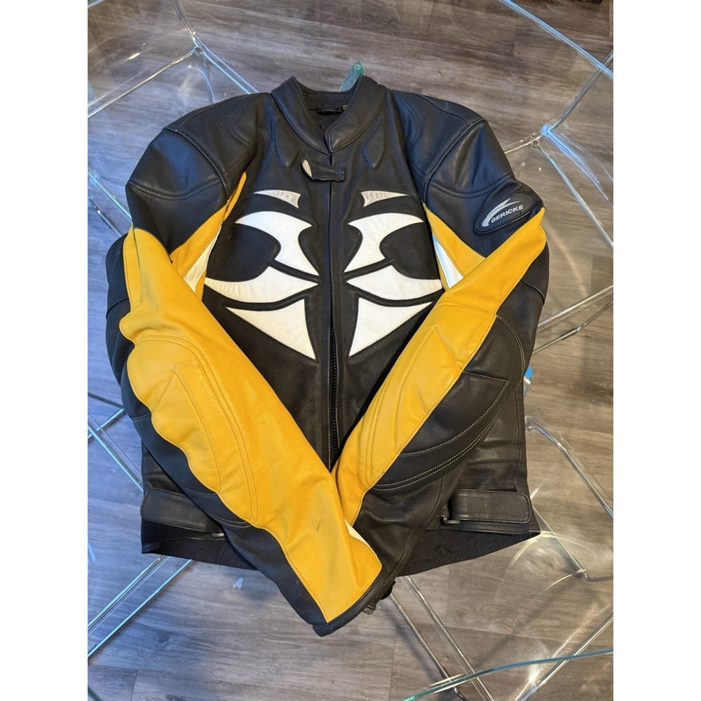 Vintage Hein Gericke Leather Motorcycle Jacket Padded Yellow Black Mens 48 Tall - Picture 3 of 16